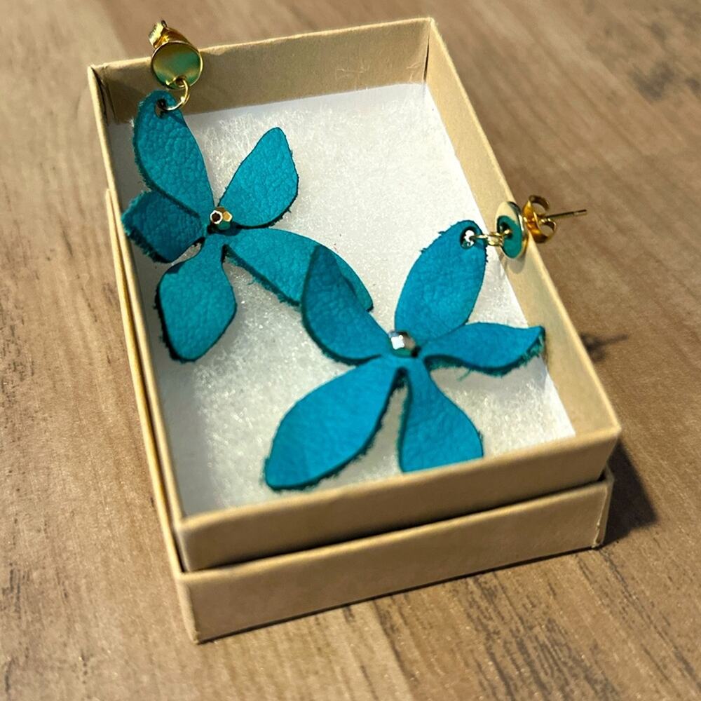 Leather Flower Petal Dangle Earrings Teal Turquoise Boho Floral Jewelry Gifts